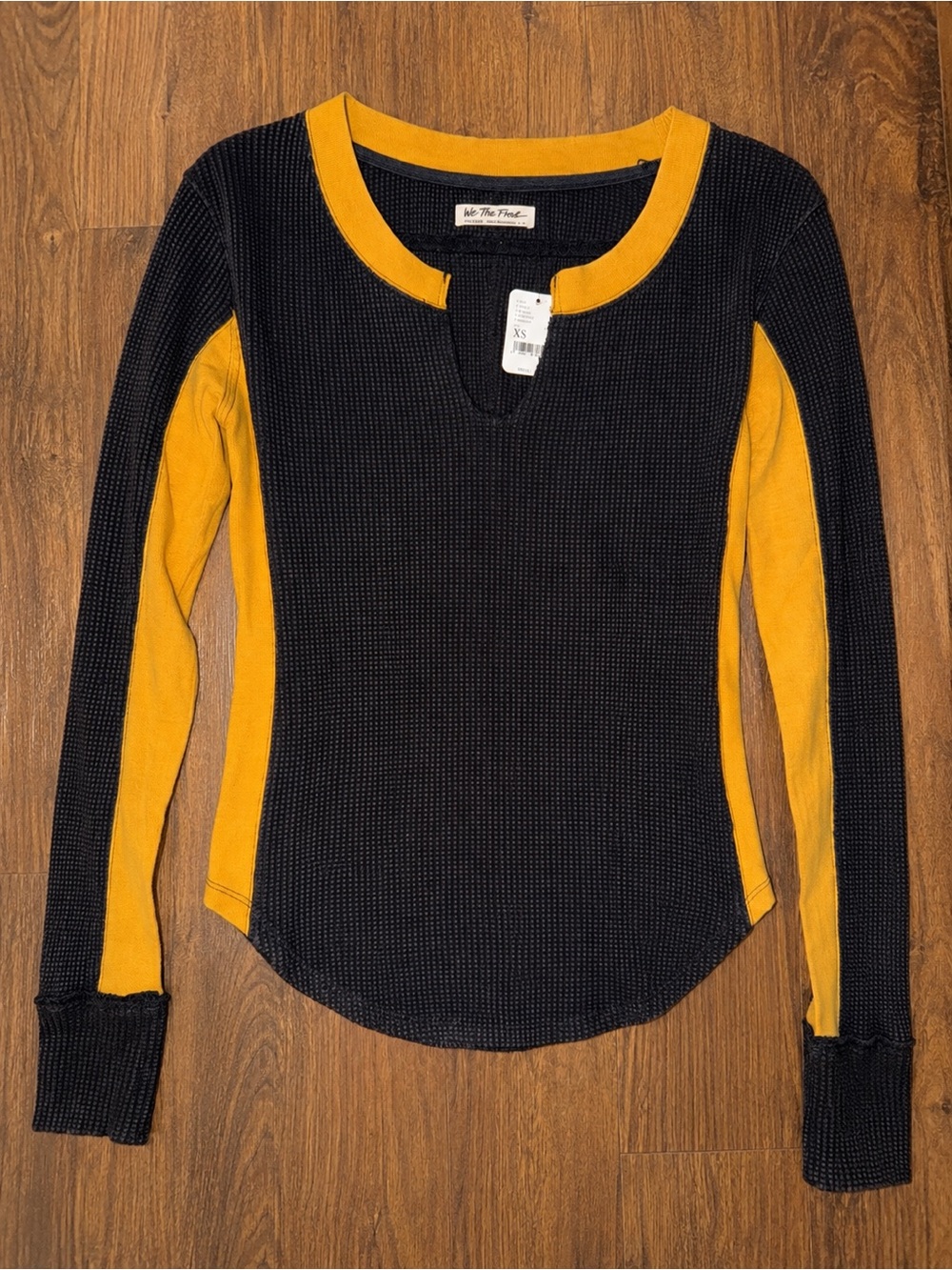 We The Free Black & Mustard Colorblock Waffle-Knit Long Sleeve Top Sz XS NWT
